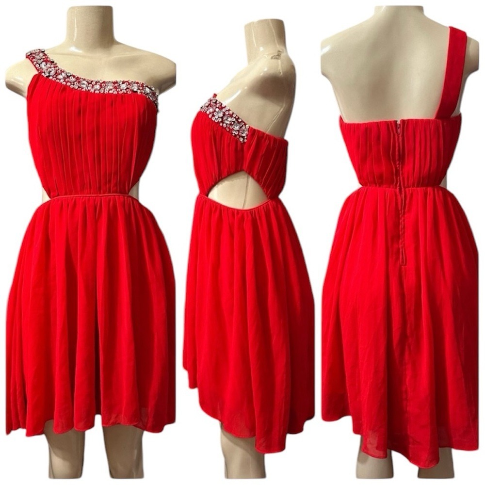 $99 NWT City Studios One Shoulder Cutout Dress 11 Red Rhinestone 9560-YP3B